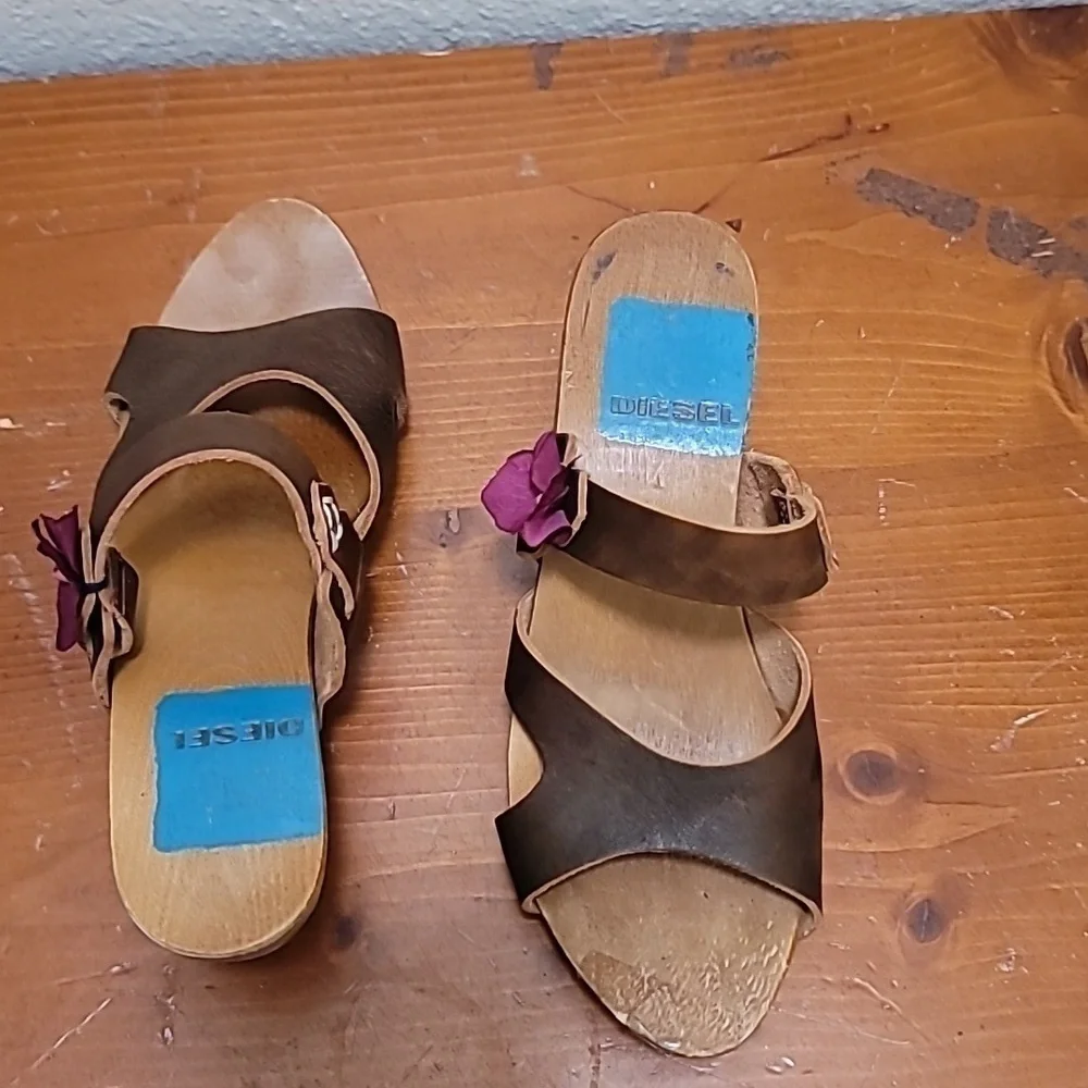 VINTAGE DIESEL WOMEN'S BROWN LEATHER AND WOOD BLOCK HEEL SANDAL SZ 6 - Picture 9 of 9